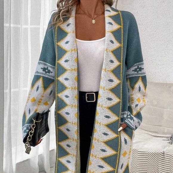 Blue Preppy Womens Geo Pattern Dual Pocket Drop Shoulder Open Front Cardigan - Picture 3 of 5